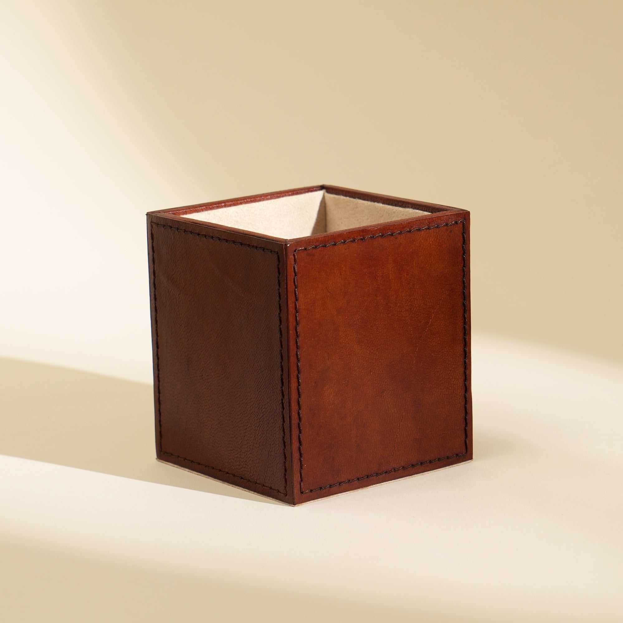 Tan Leather Pen Cup Elegant and Functional Desk Accessory