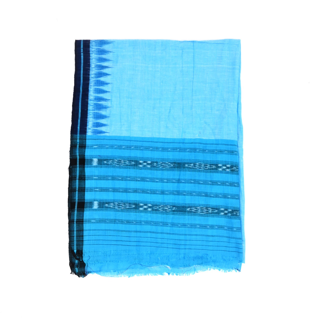 Handloom Ikat Blue Cotton Stole with Striped Borders