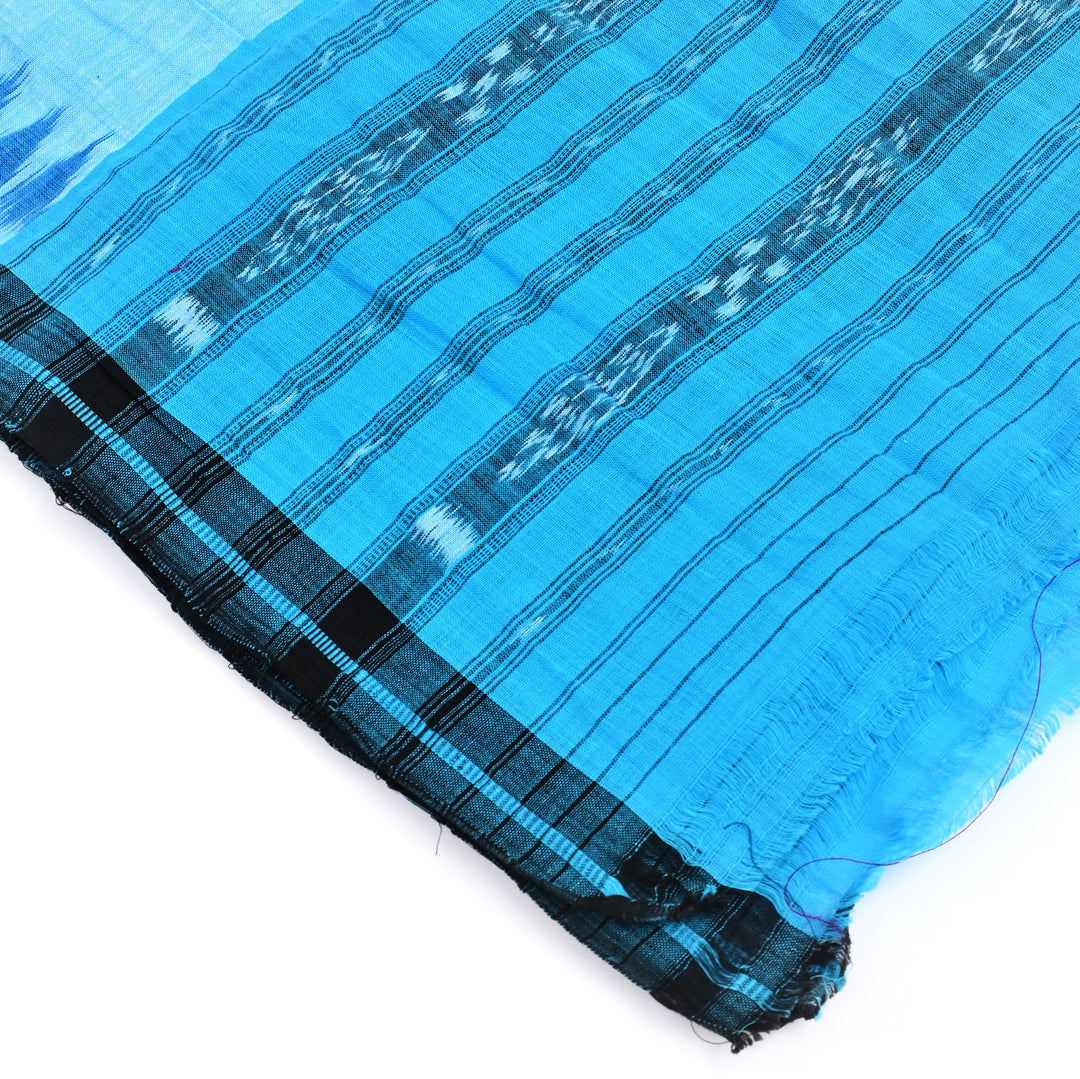 Handloom Ikat Blue Cotton Stole with Striped Borders