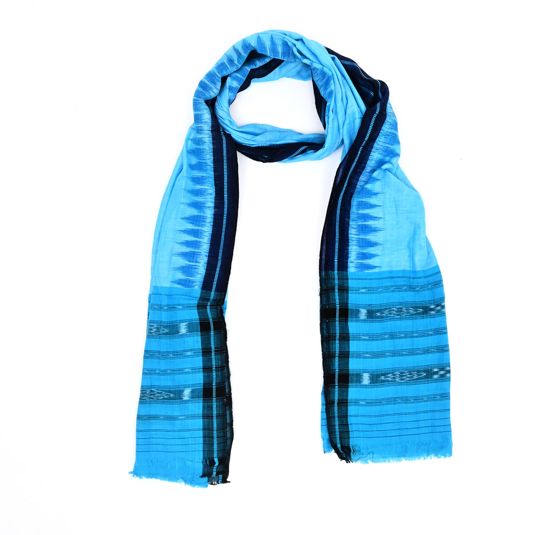 Handloom Ikat Blue Cotton Stole with Striped Borders