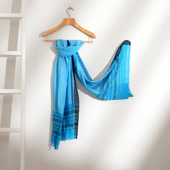 Handloom Ikat Blue Cotton Stole with Striped Borders