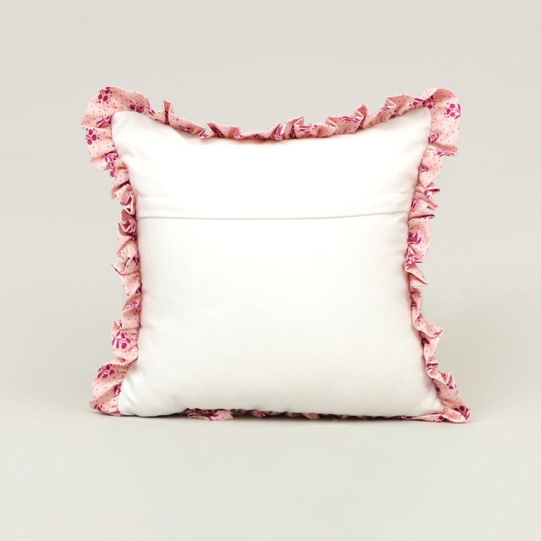Mint Blossom Ruffle Cotton Cushion in mint and pink