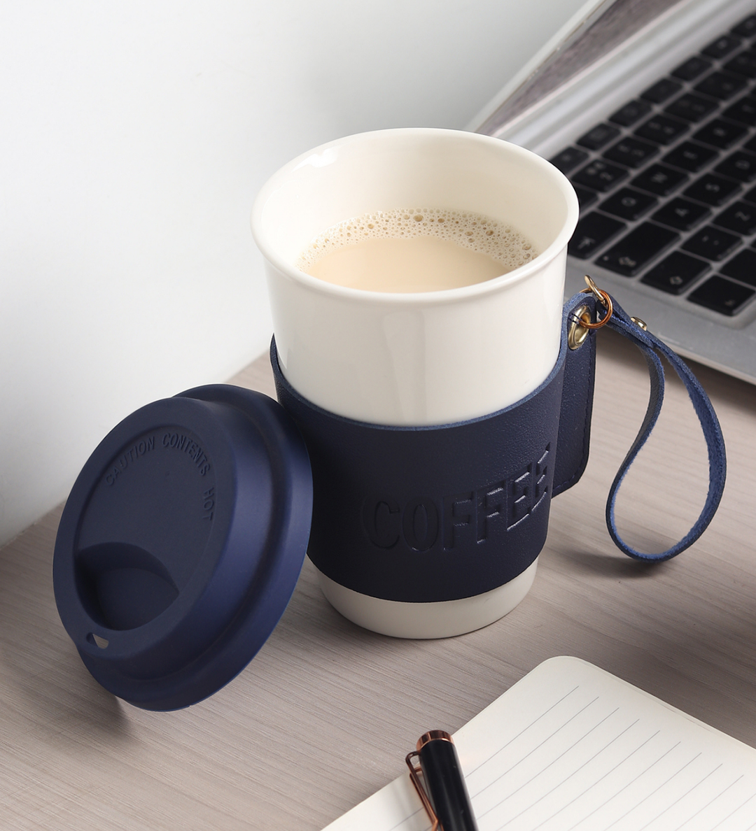 Brewster Ceramic Coffee Tumbler with Leather Wrap Blue view 2