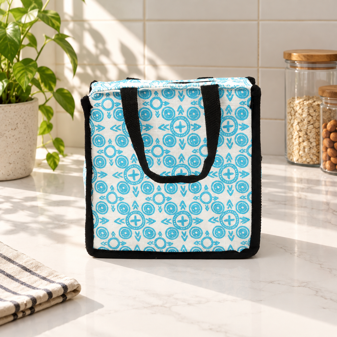 Express Jute Lunch Bag, Aqua and White Print, View 6