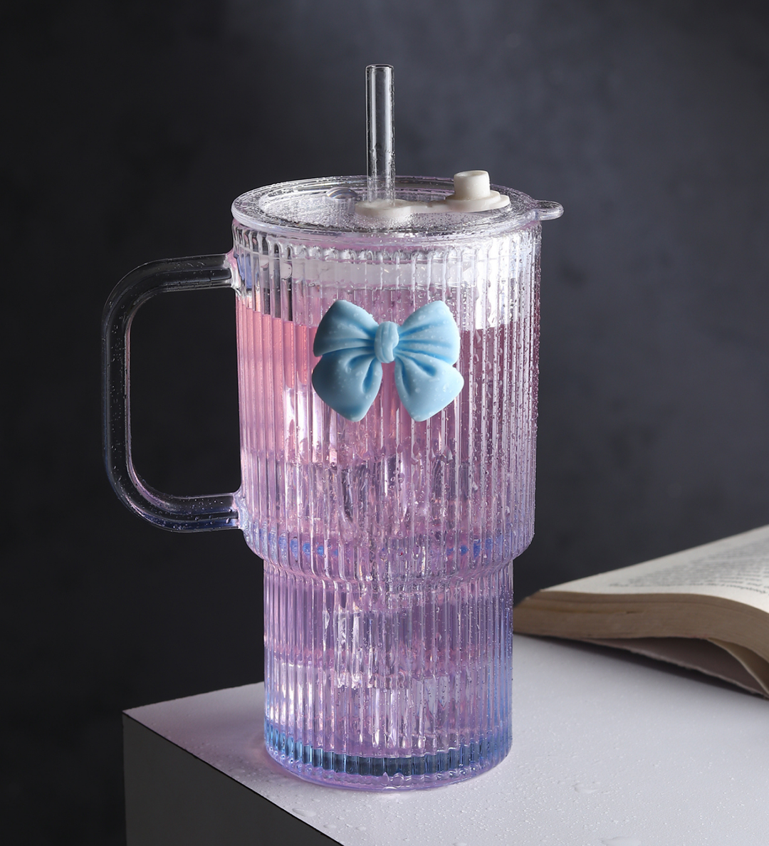 Ribbonette Fluted Glass Tumbler with Ribbon Detail Blue view 2