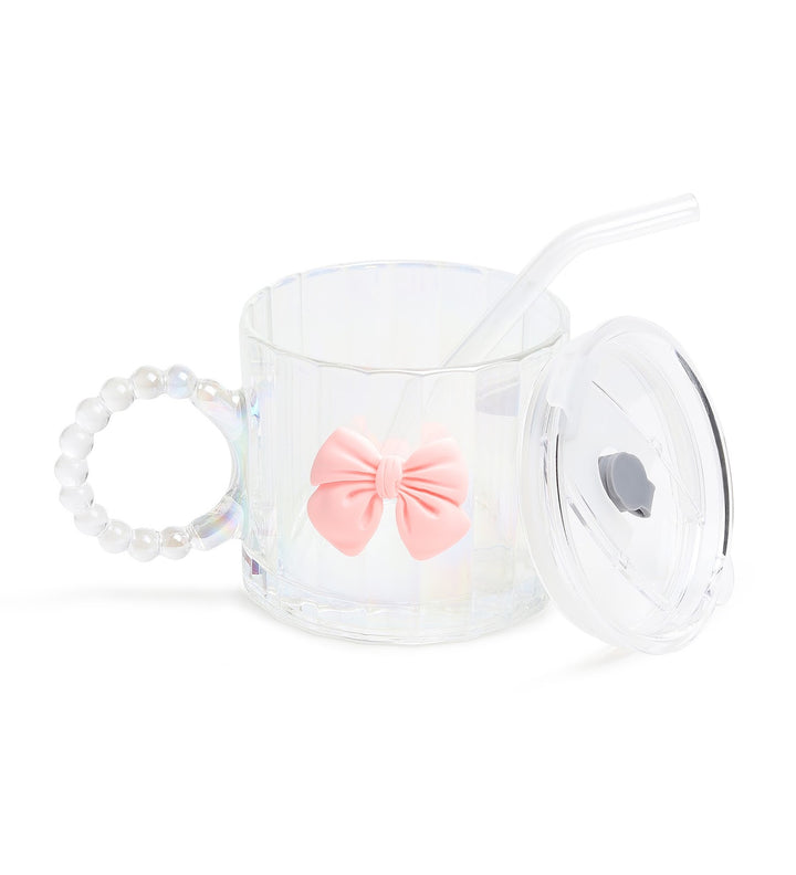 Colette Ribbed Glass Tumbler with Bow, Lid and Straw Pink view 6