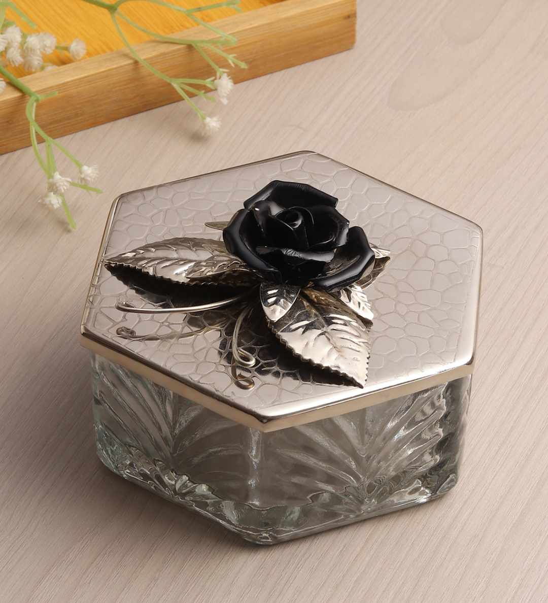 Petal Eclat Heart Shaped Trinket Box with Floral Accent Black view 1