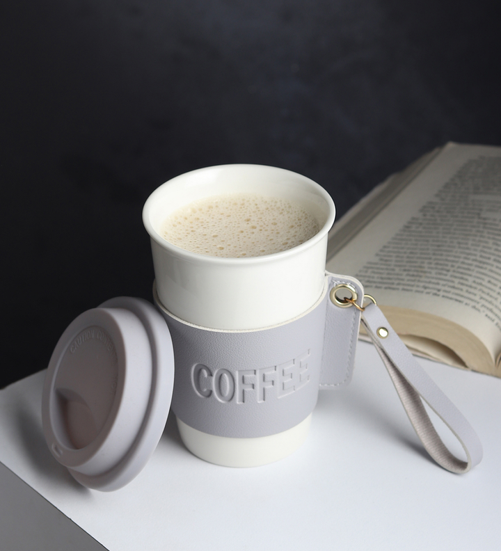 Brewster Ceramic Coffee Tumbler with Leather Wrap Grey view 2