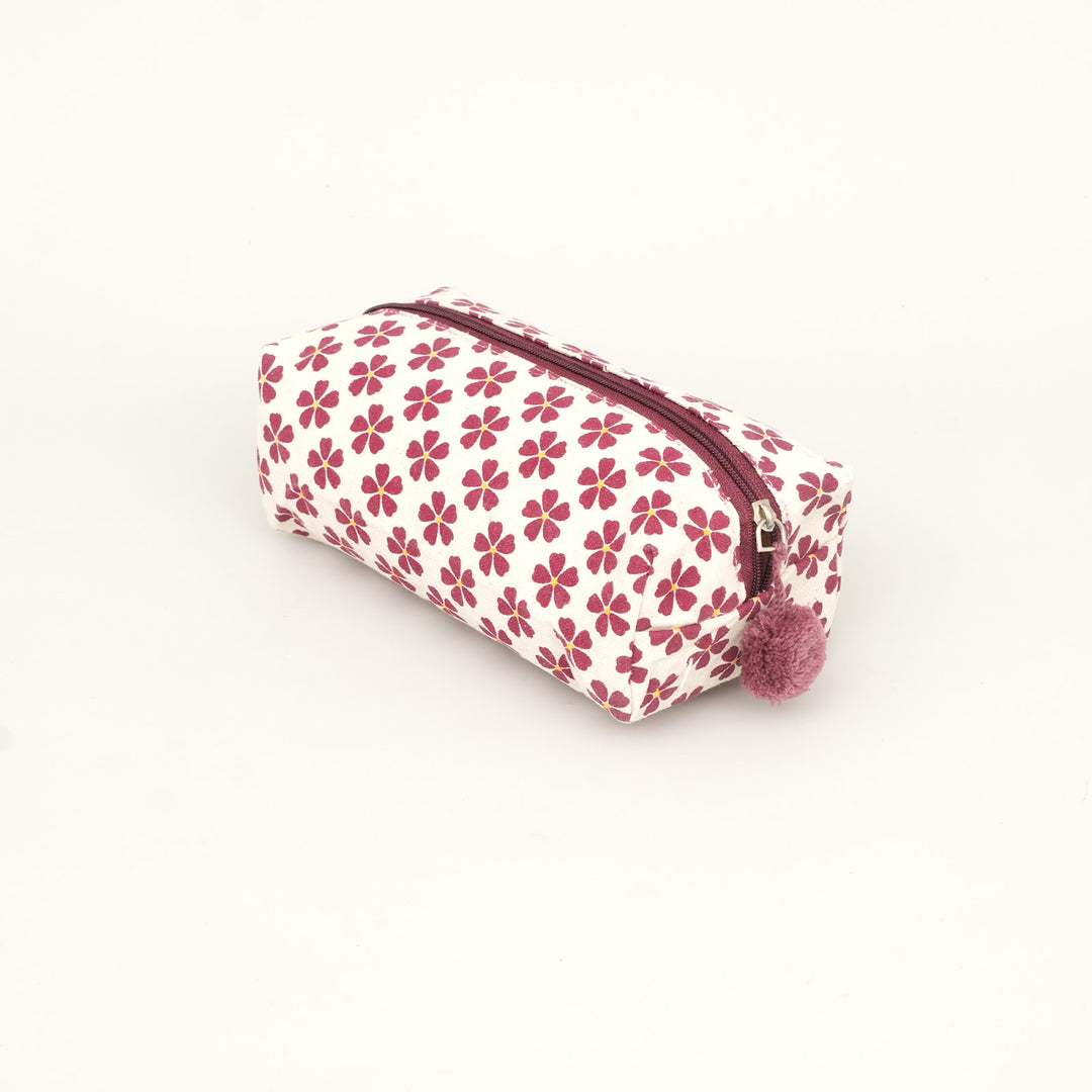 Maroon Floral Print Fluffy Pouch with Pom Pom, View 2