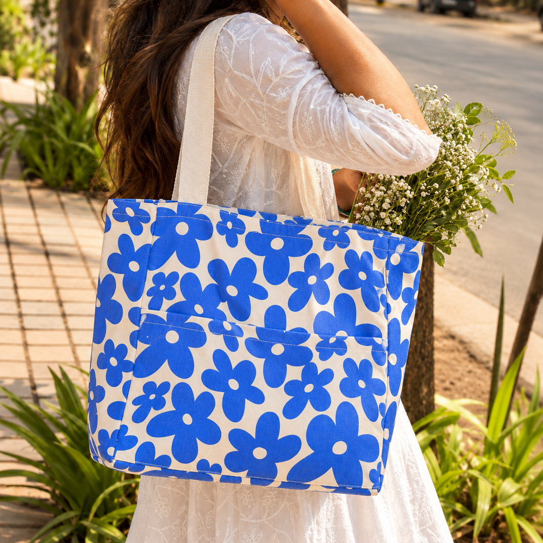 Blue Floral Print Canvas Tote Bag, View 2