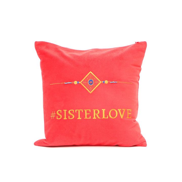 Rakhi Embroidered Velvet Cushion 30 cm, #SISTER LOVE