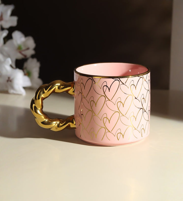 Ceramic Coffee Mug with Gold Line Art and Gold Handle Darcy Pink view 2
