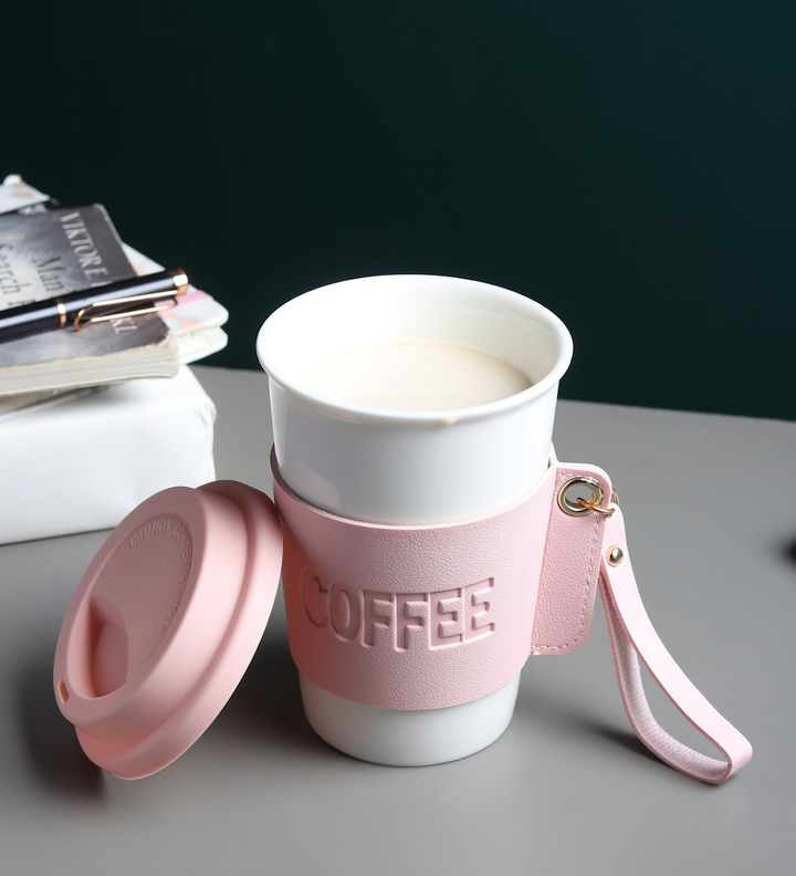 Brewster Ceramic Coffee Tumbler with Leather Wrap Pink view 2