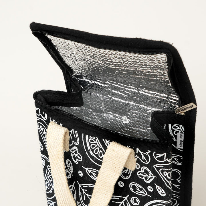 Insulated Jute Lunch Bag, Black with White Print