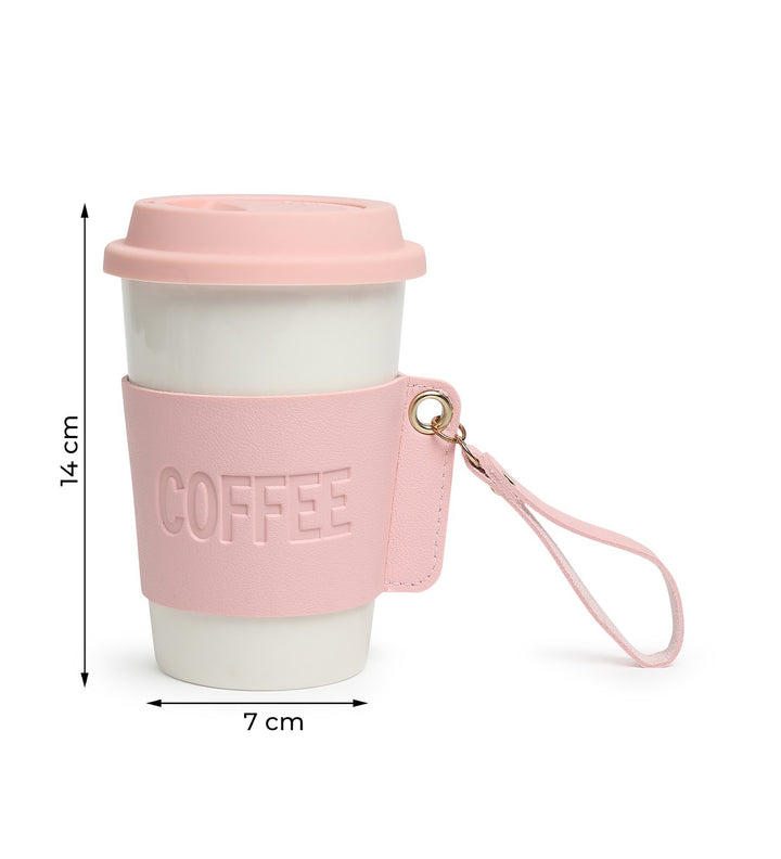 Brewster Ceramic Coffee Tumbler with Leather Wrap Pink view 3
