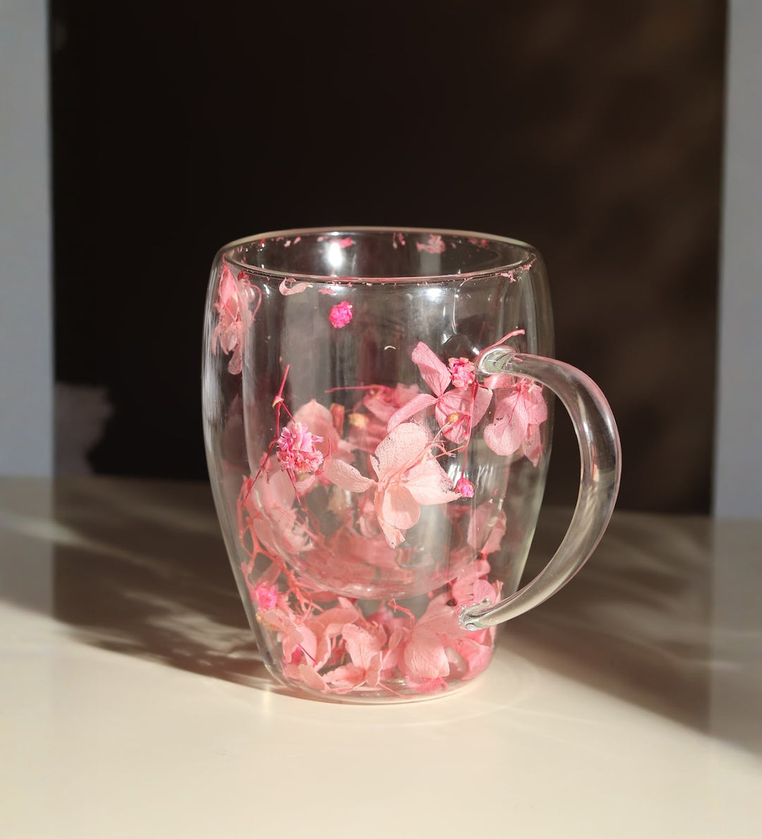Dahlia Pressed Flower Glass Coffee Mug Pink view 2
