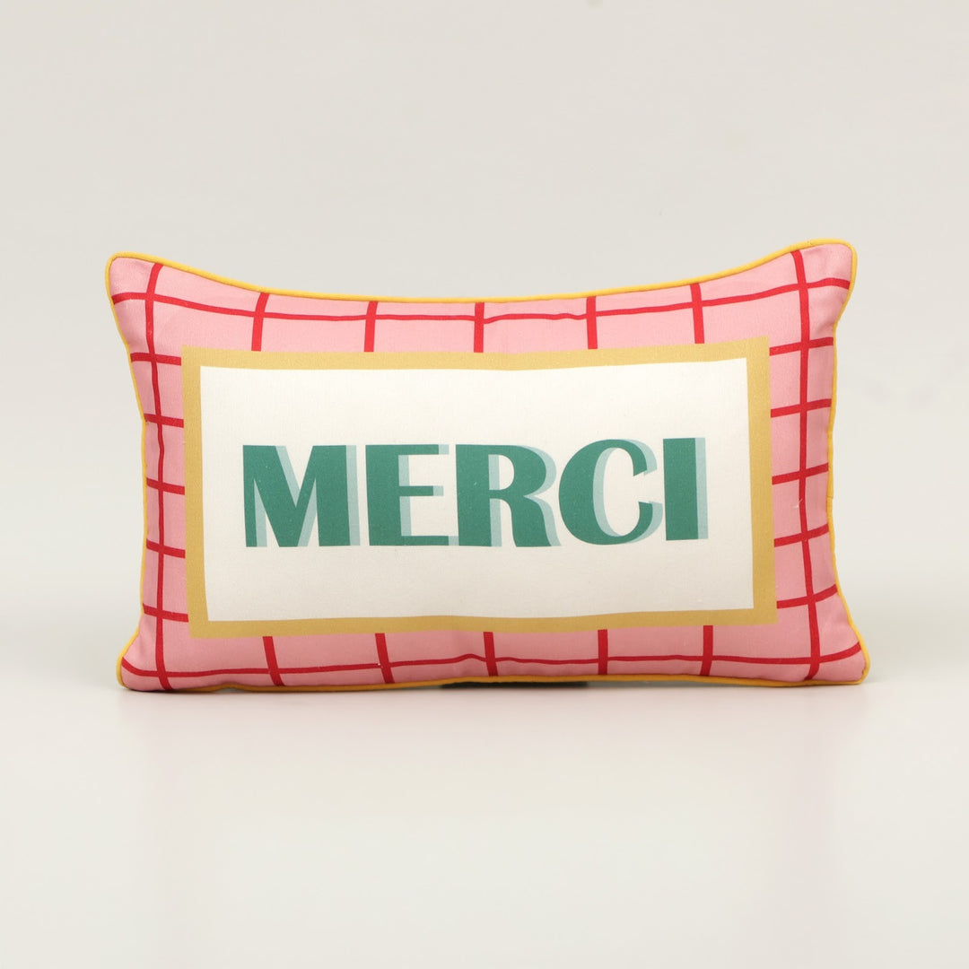 Merci Print Cotton Lumbar Cushion in orange and green print