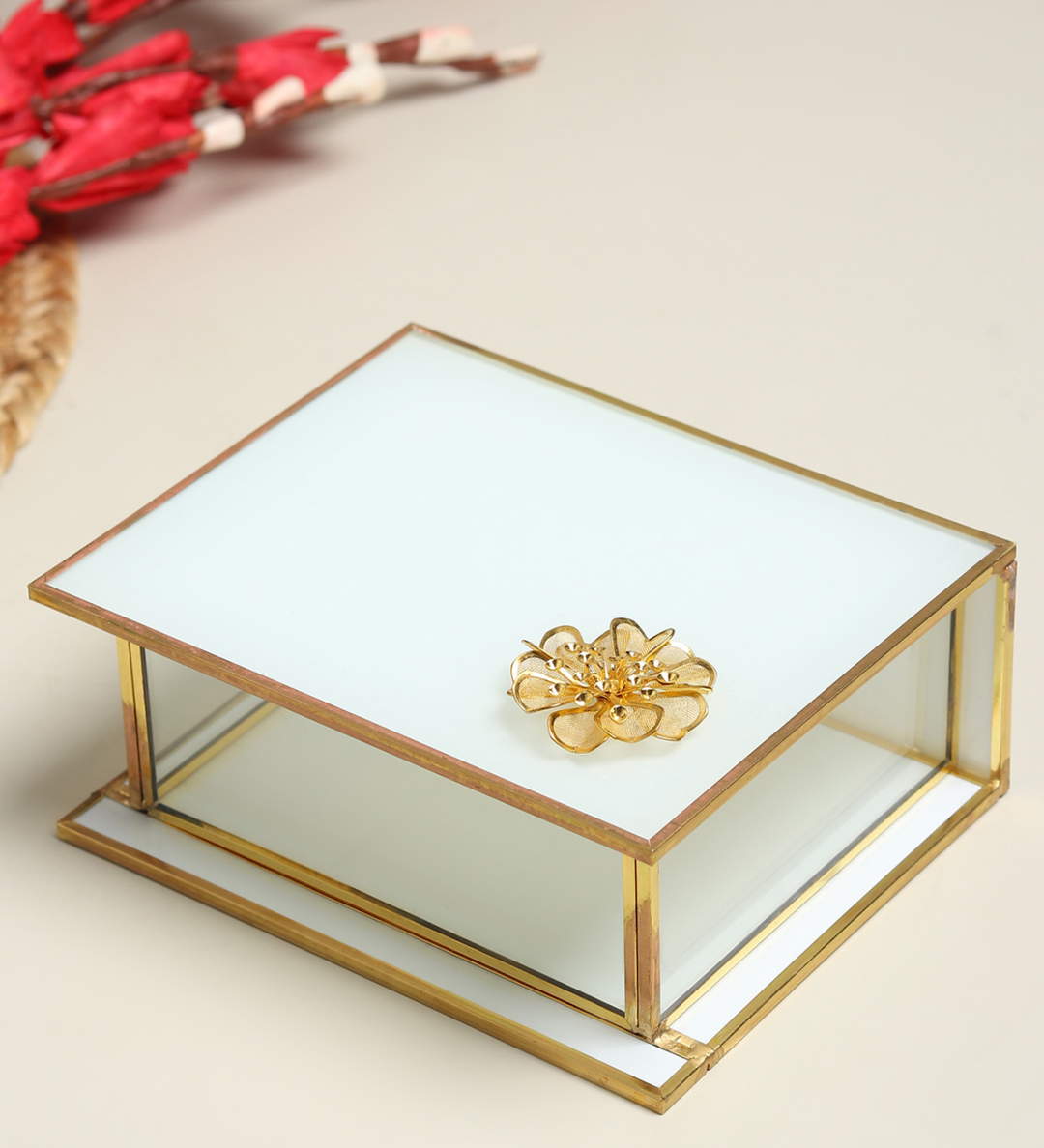 Livia's Flower White Glass Jewellery Box with Metal Frame Small view 1
