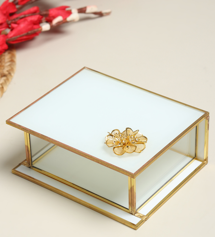 Livia's Flower White Glass Jewellery Box with Metal Frame Small view 1
