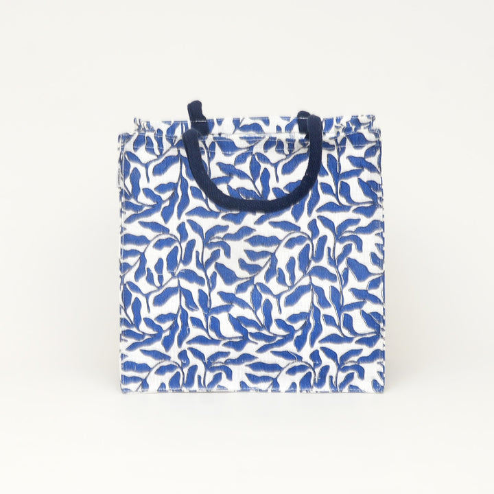 Blue Leaf Print Jute Lunch Bag, View 3