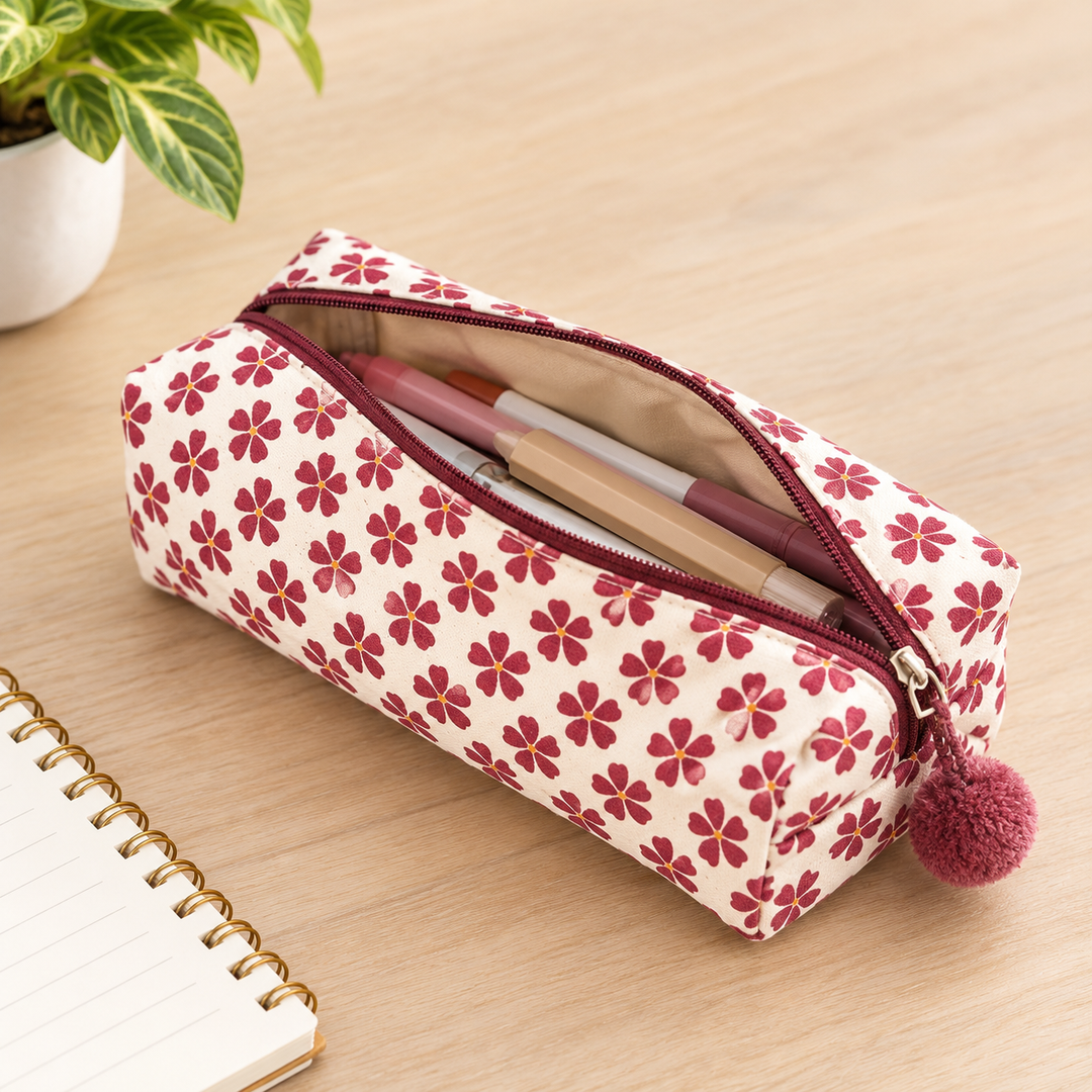 Maroon Floral Print Fluffy Pouch with Pom Pom, View 5