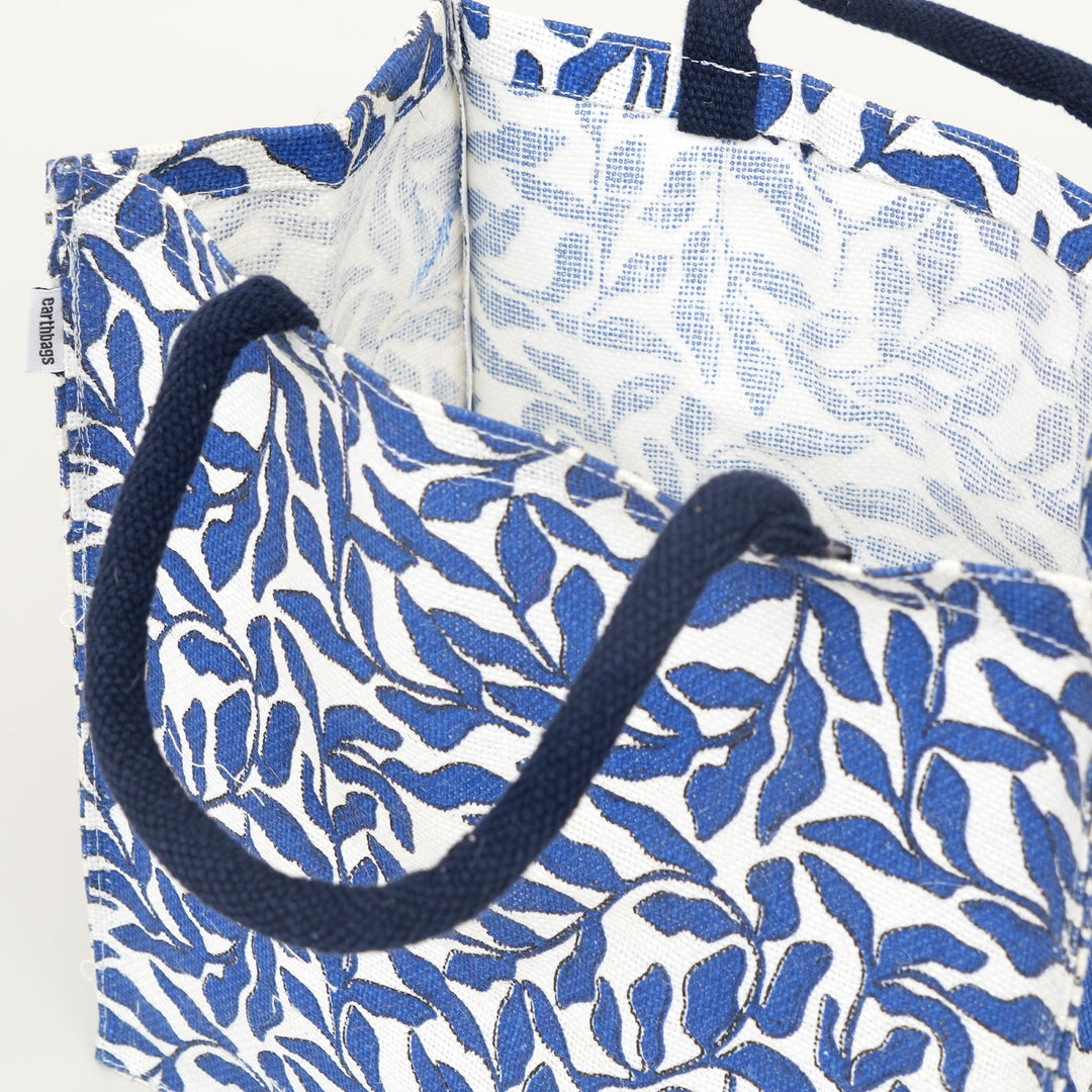 Blue Leaf Print Jute Lunch Bag, View 5