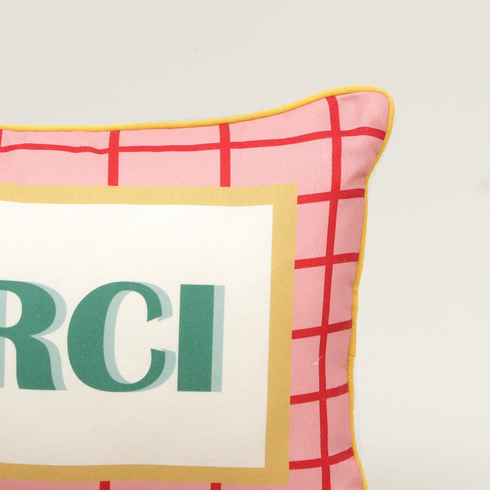 Merci Print Cotton Lumbar Cushion in orange and green print