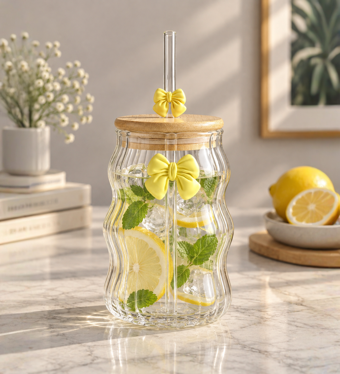 Taffy Wavy Glass Tumbler with Wooden Lid and Straw Yellow view 2