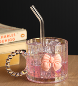Colette Ribbed Glass Tumbler with Bow, Lid and Straw Pink view 1