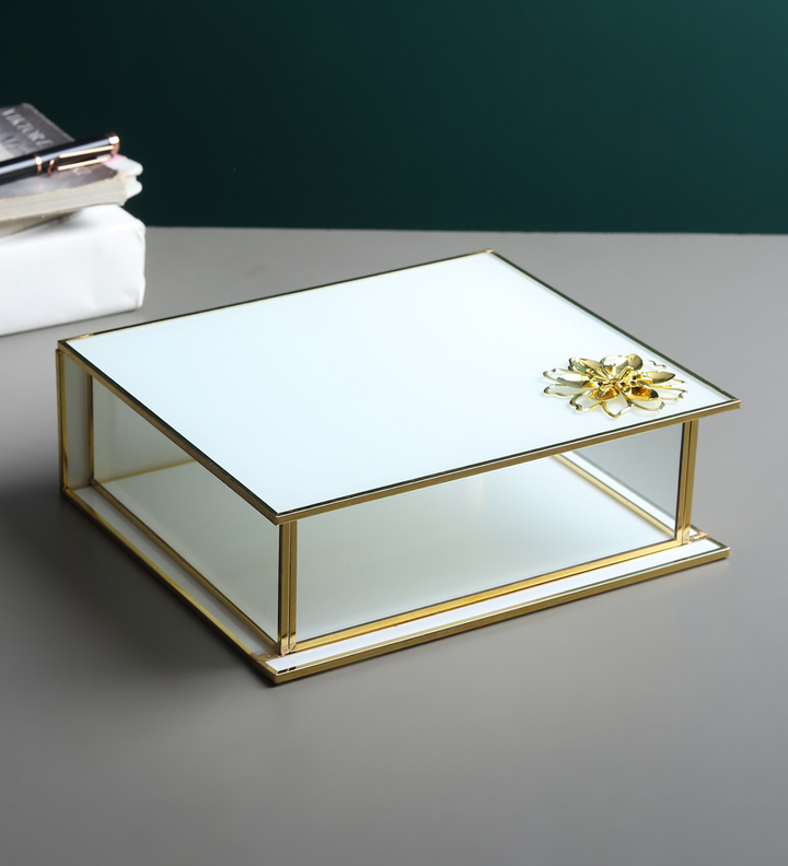 Livia's Flower White Glass Jewellery Box with Metal Frame Large view 1