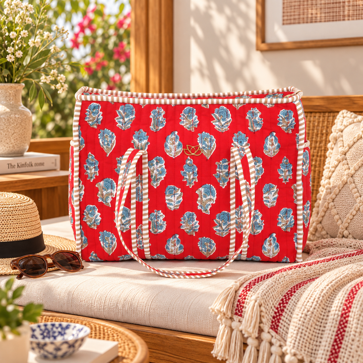 Quilted Cotton Floral Tote Bag, Red, view 5