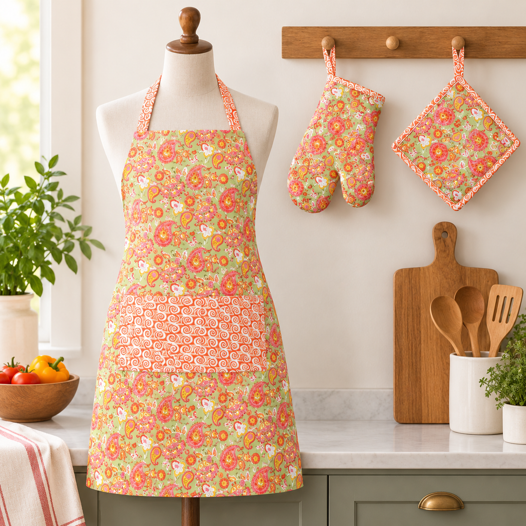 Hand Block Cotton Kitchen Apron Set, Paisley Multi, view 9
