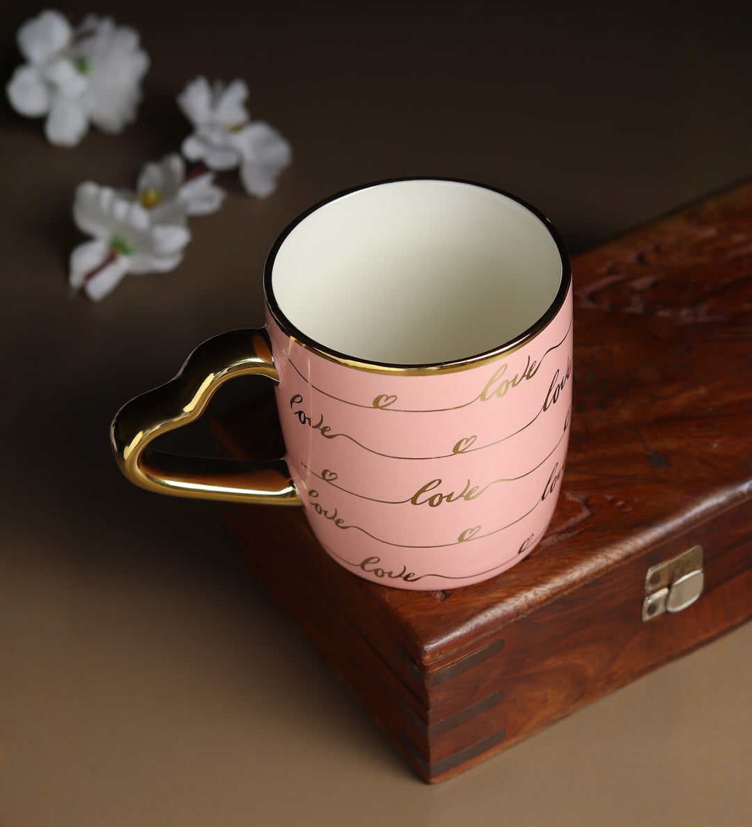 Love Quote Ceramic Coffee Mug with Gold Heart Handle Love Letter Pink view 1