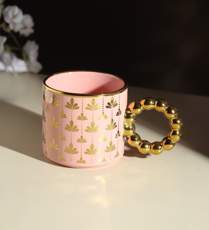 Ceramic Coffee Mug with Gold Motifs and Beaded Handle Della Pink view 1