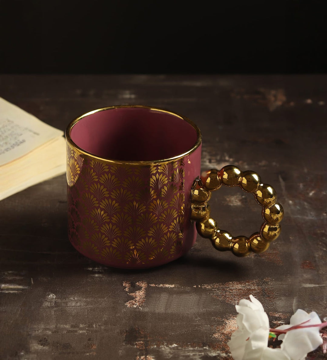 Ceramic Coffee Mug with Gold Motifs and Beaded Handle Vera Purple view 1