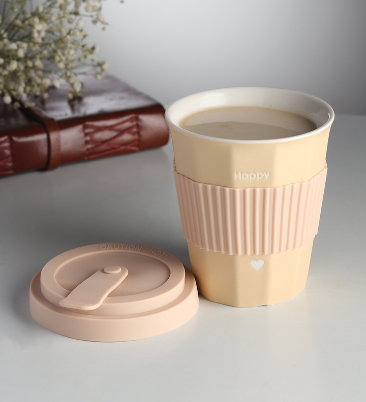 Milo Happy Ceramic Coffee Tumbler with Lid and Strap Beige view 2