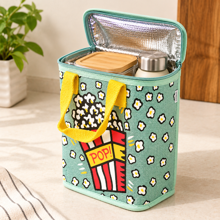 Insulated Jute Lunch Bag, Popcorn Print, View 5