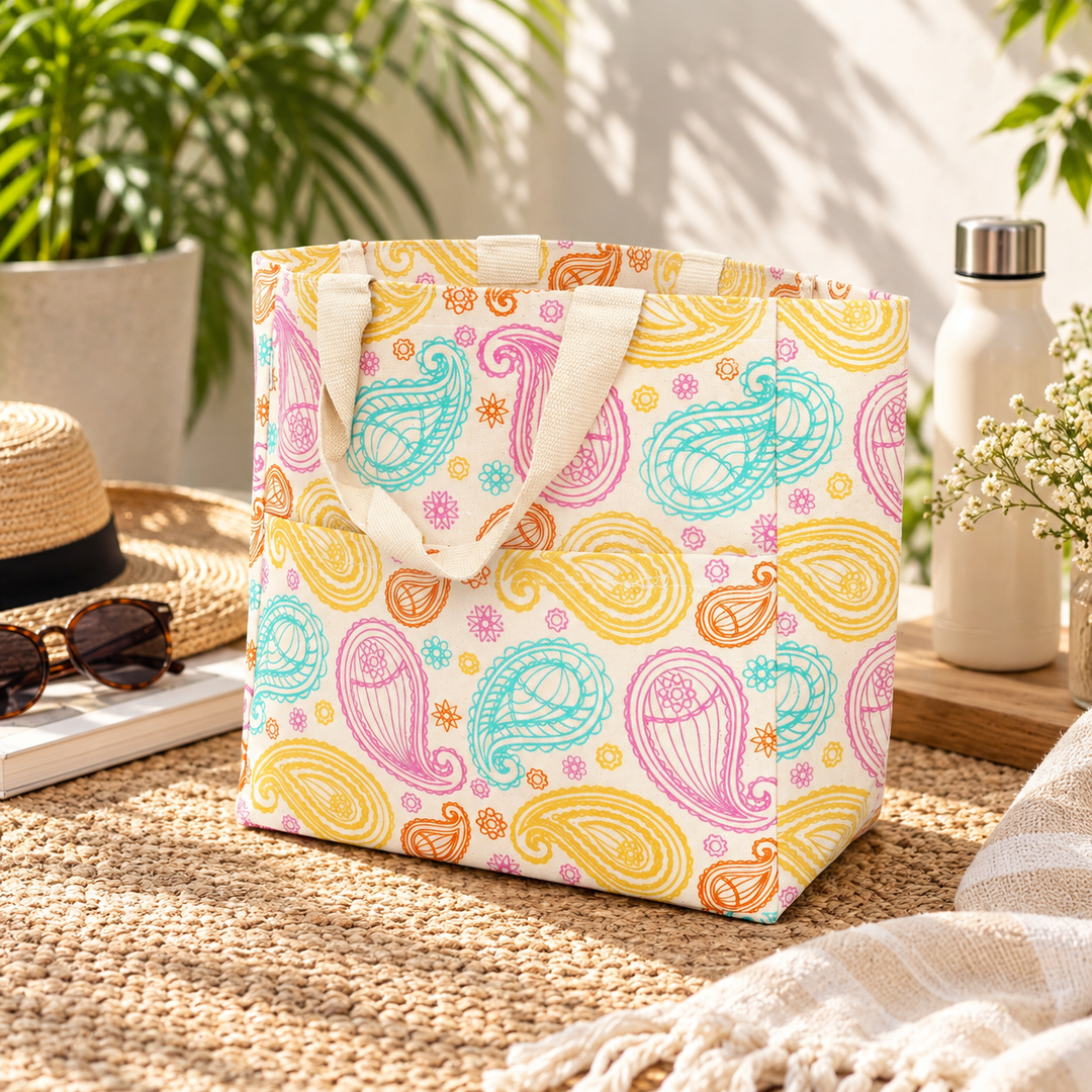 Multicolour Paisley Print Canvas Tote Bag, View 2