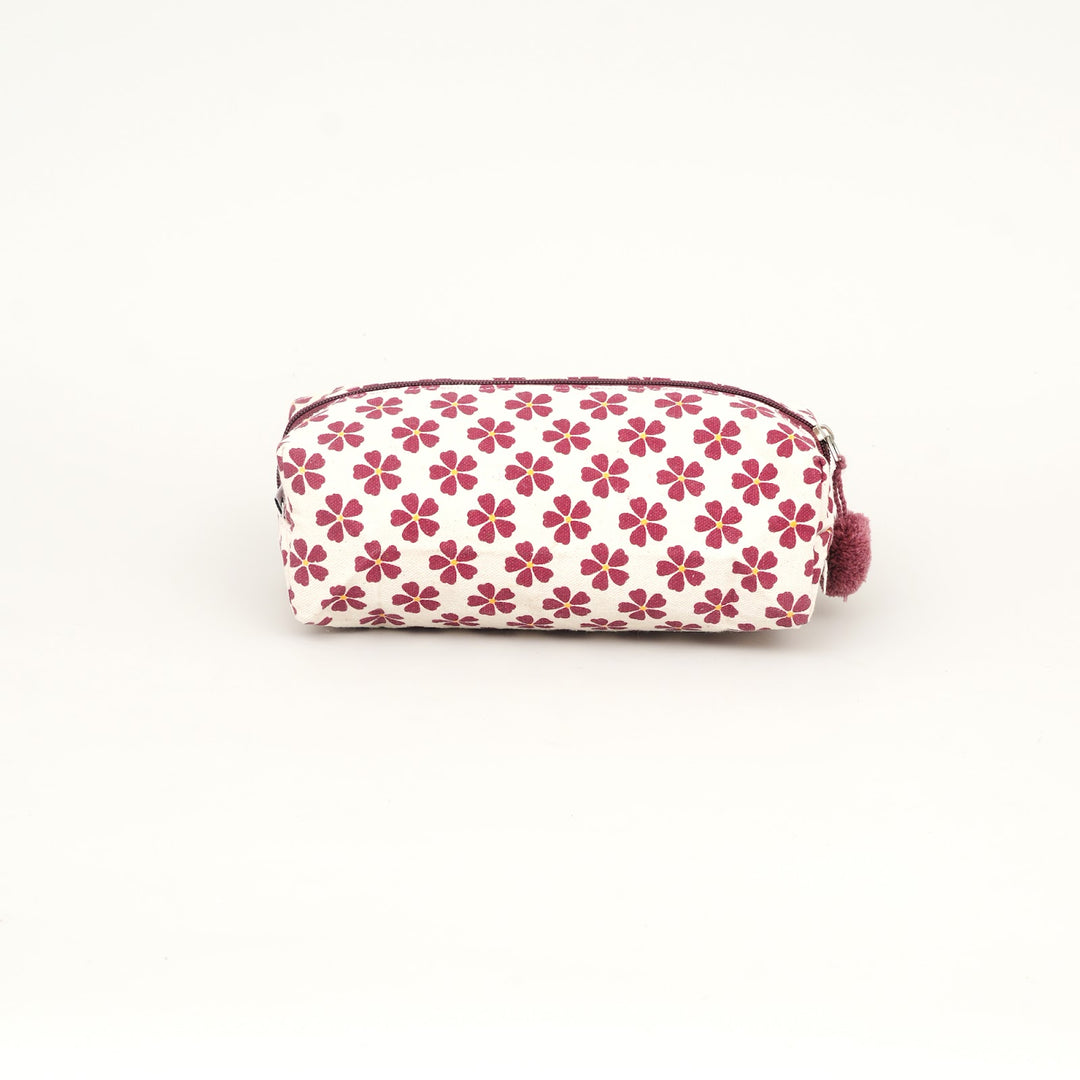 Maroon Floral Print Fluffy Pouch with Pom Pom