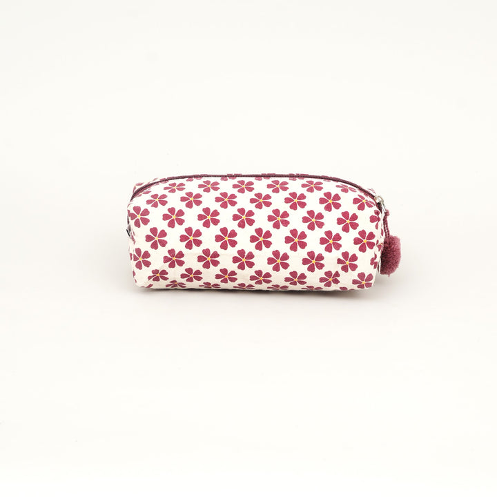 Maroon Floral Print Fluffy Pouch with Pom Pom