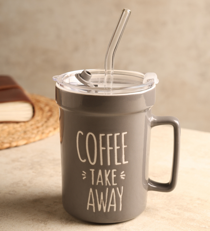 Mugsy Grey Ceramic Coffee Mug with Cafe Inscription Coffee Take Away view 1