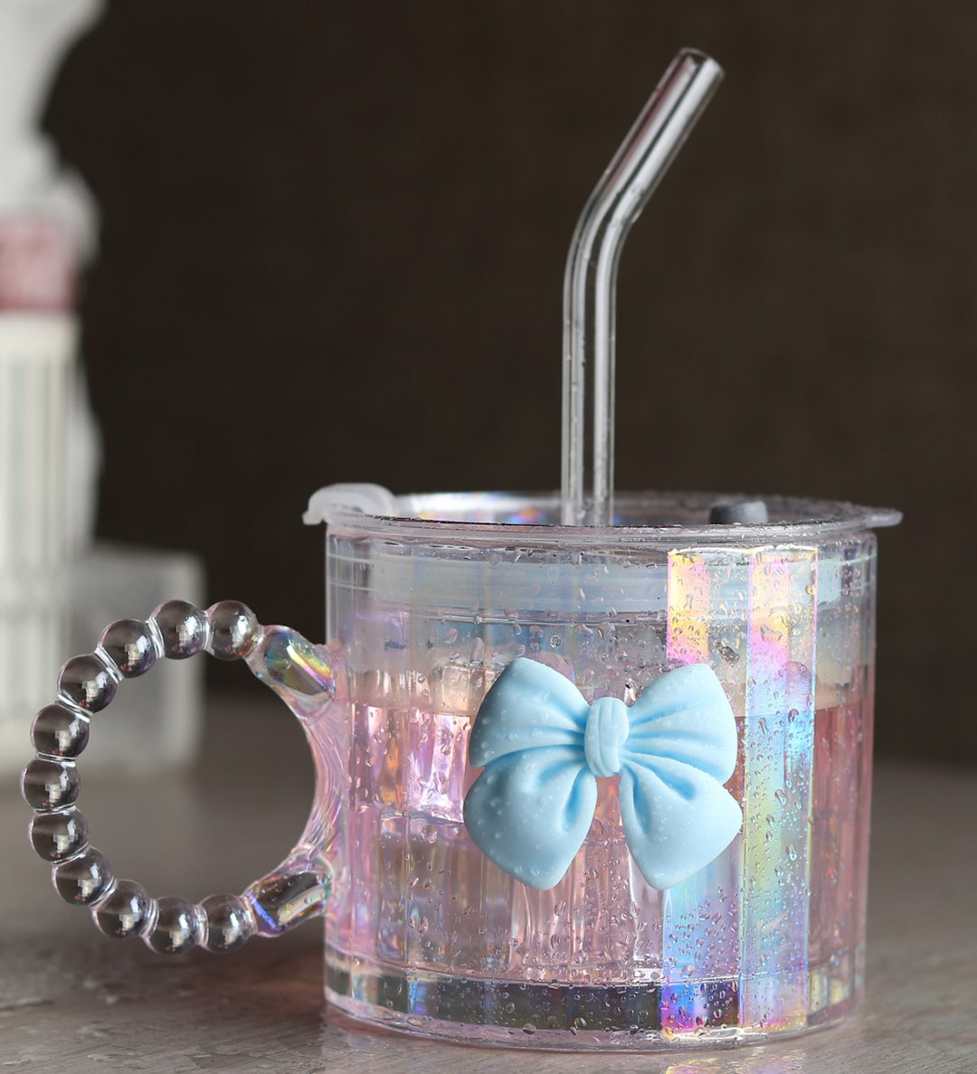 Colette Ribbed Glass Tumbler with Bow, Lid and Straw Blue view 2
