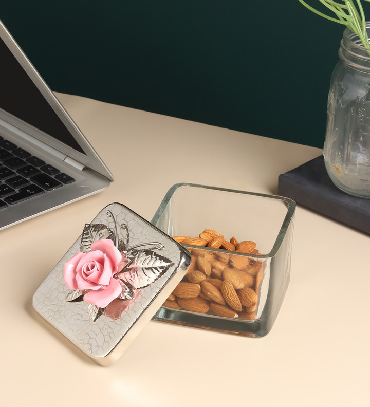 Petal Eclat Square Storage Box with Floral Bloom Accent Pink view 2