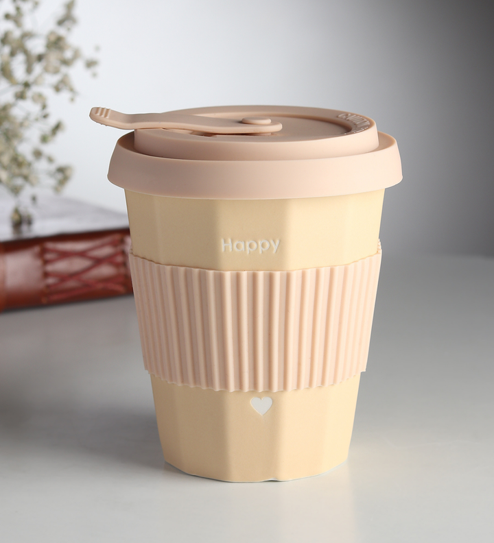 Milo Happy Ceramic Coffee Tumbler with Lid and Strap Beige view 1
