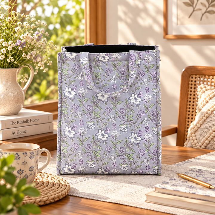 Large Insulated Cotton Lunch Bag, Grey Floral, view 4