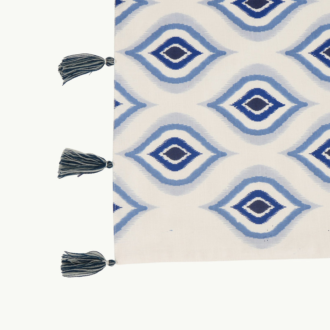 Blue Geometric Table Runner with Tassels, View 3