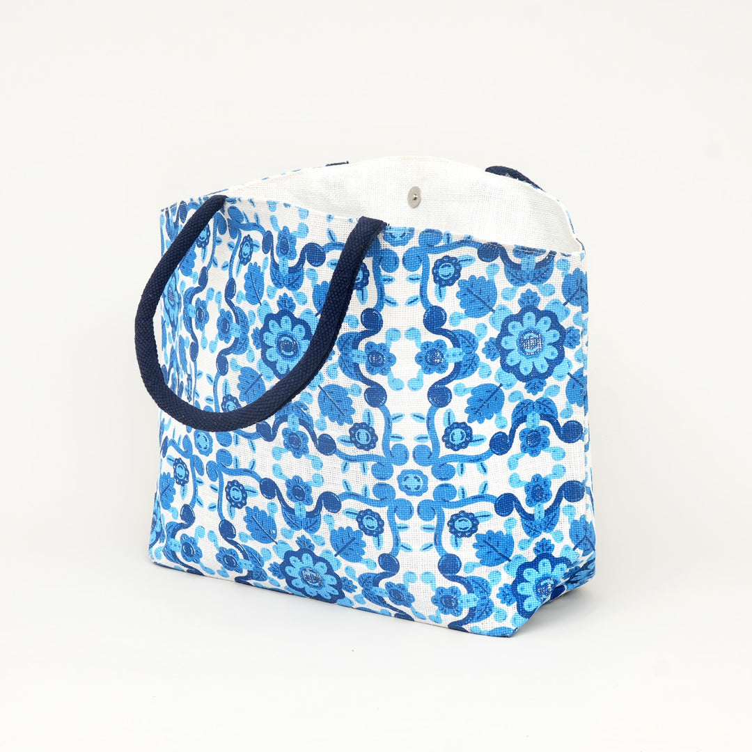 Blue Floral Print Jute Carry Bag, View 3