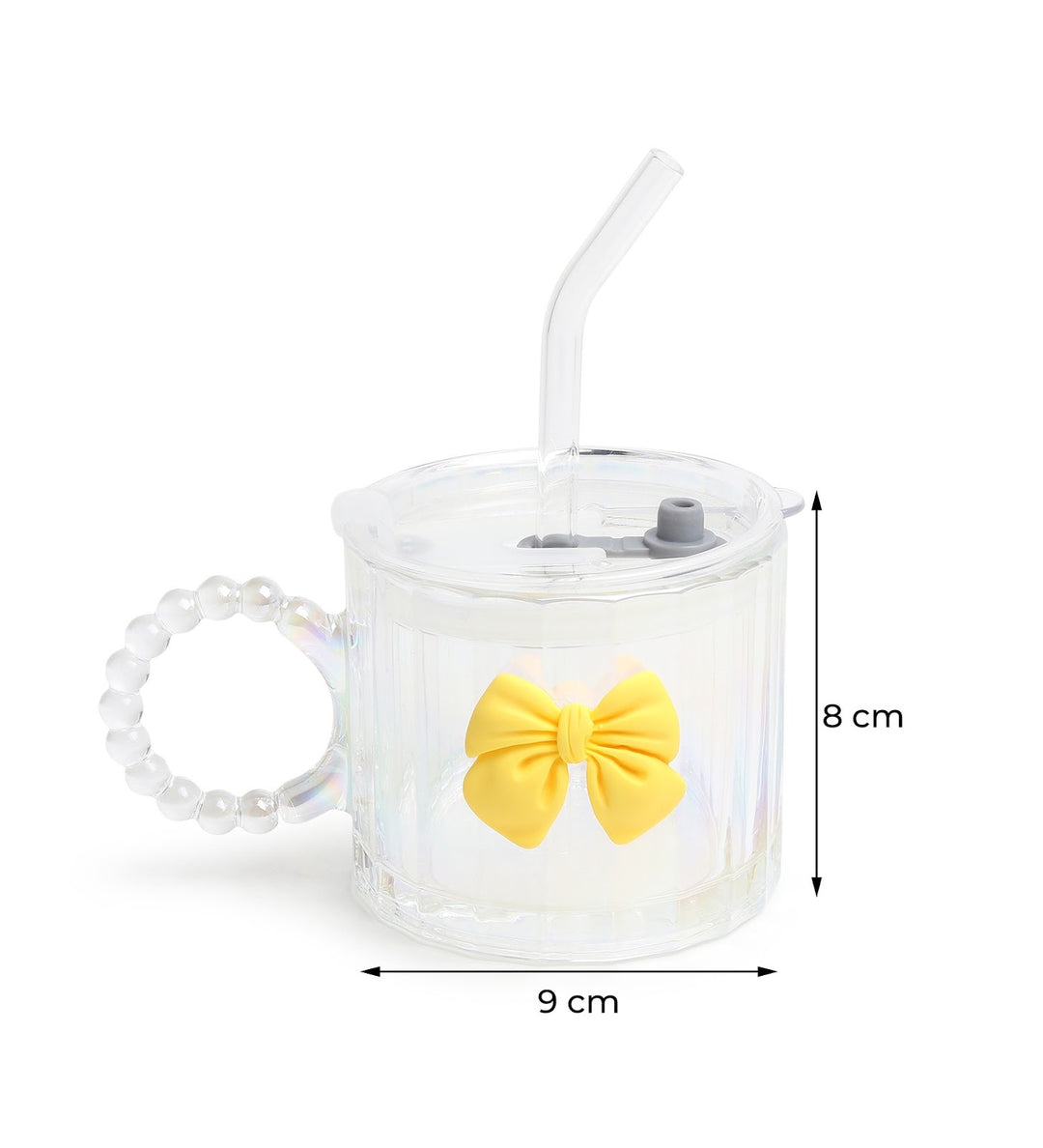 Colette Ribbed Glass Tumbler with Bow, Lid and Straw Yellow view 3