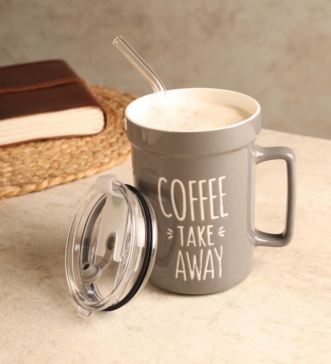 Mugsy Grey Ceramic Coffee Mug with Cafe Inscription Coffee Take Away view 2