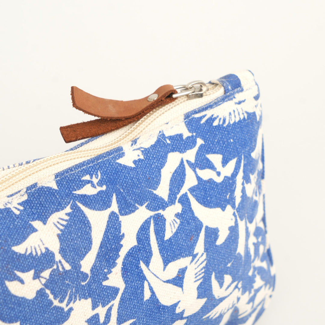 Blue Leaf Print Canvas Zipper Pouch, View 4